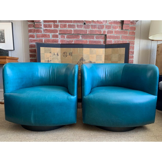 Vintage MidCentury Teal Leather Swivel Tilt Tub Chairs A Pair Chairish