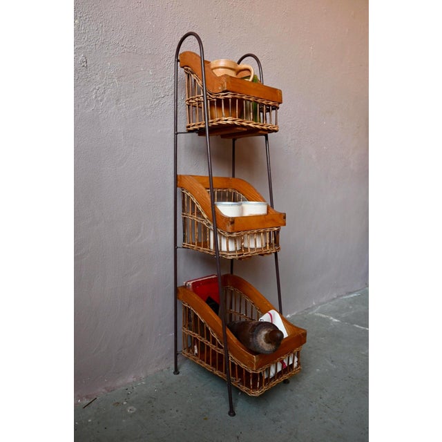 Brown Rustic Grocery Store Shelf with Wrought Iron and Wicker Baskets, 1960s For Sale - Image 8 of 14