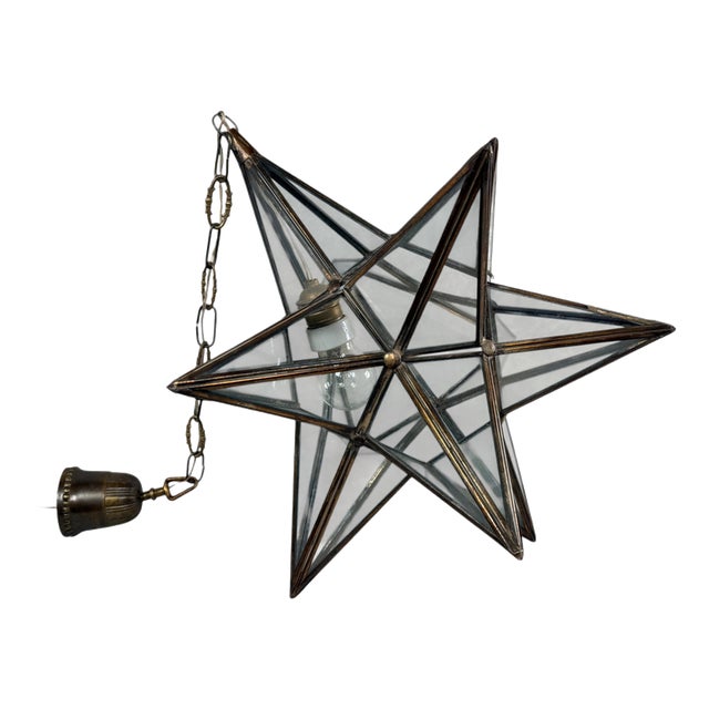 Early 20th Century Moravian Star Glass and Brass Pendant Light For Sale