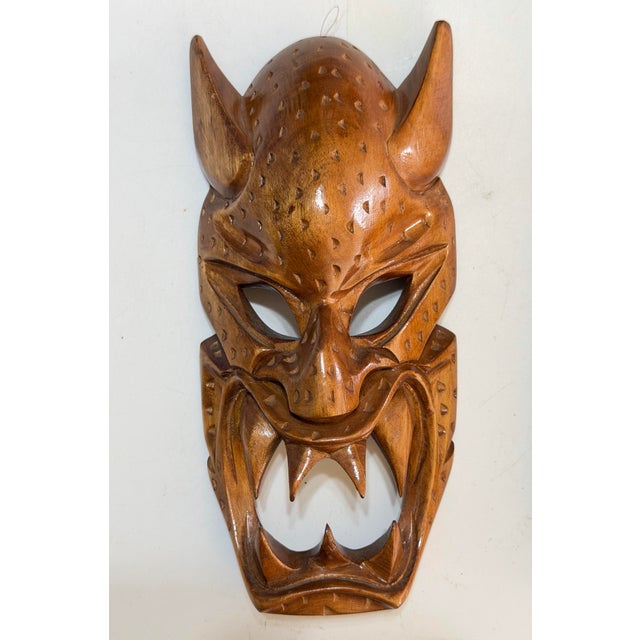 Tribal Pair of Vintage Philippine Hand-Carved Monkey Pod Wood Dragon & Demon Wall Masks For Sale - Image 3 of 12