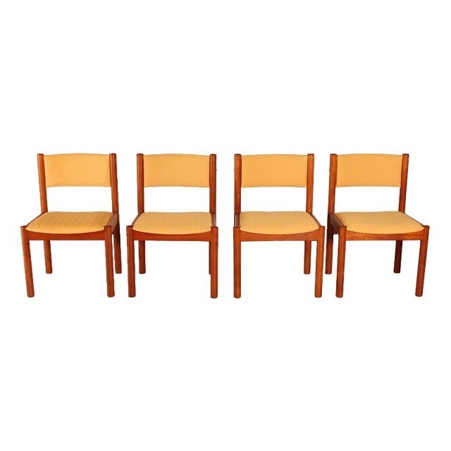 Vintage Danish Teak Dining Chairs with Yellow Fabric Upholstery, 1970s, Set of 4 For Sale