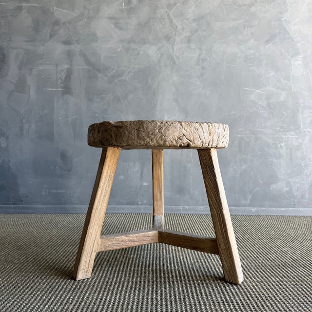 Vintage Elm Wood Wheel Side Table #F75 For Sale - Image 4 of 8