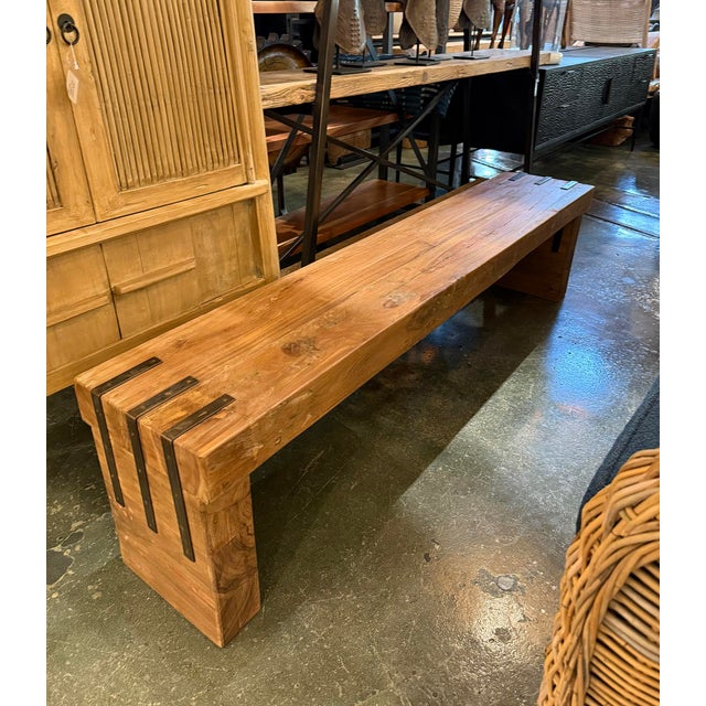 Wood Simple Farmhouse Salvaged Teak Bench W/Iron Details For Sale - Image 7 of 7