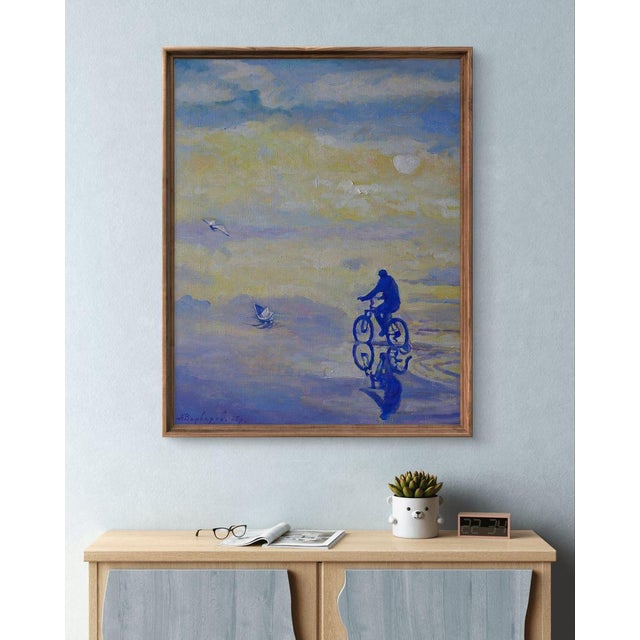 The oil painting on canvas titled ""On the Road by Bike"" captures a serene and dreamlike moment where reality and...
