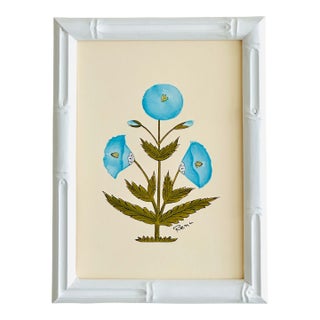Hand-Painted Jaipuri Blue and Green Floral Motif Painting in Hand-Painted Frame For Sale