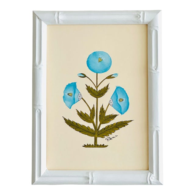 Hand-Painted Jaipuri Blue and Green Floral Motif Painting in Hand-Painted Frame For Sale