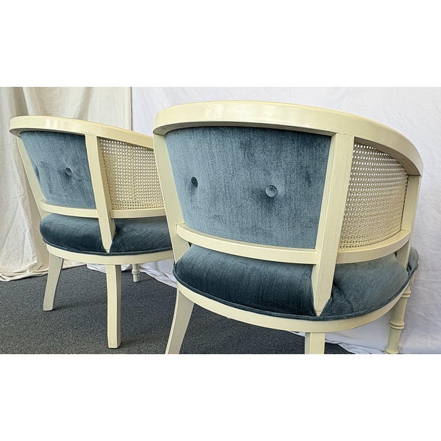 1960's Faux Bamboo and Cane Barrel Lounge Chairs With Blue Velvet Upholstery- A Pair For Sale - Image 14 of 18