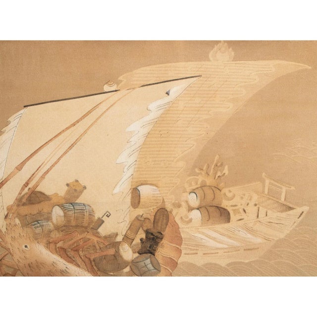 1970s Showa Era Large Japanese Printed Silk Scroll "Lobster Boat" For Sale In Dallas - Image 6 of 10
