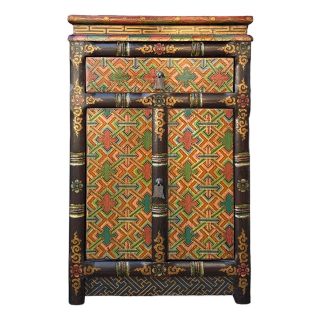 Tibetan Style Geometric Graphic Brown Golden Yellow End Table Nightstand For Sale
