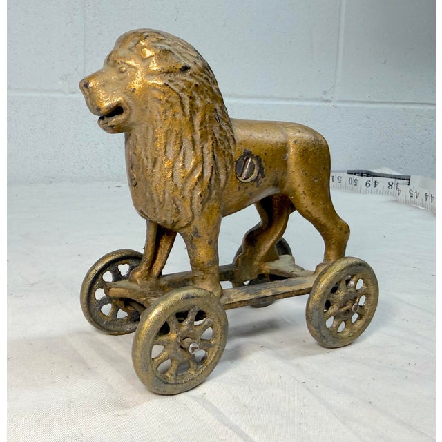 1920s Antique Early 1920s Ac Williams Hand Painted Cast Iron Lion Still Bank on Wheels For Sale - Image 5 of 11