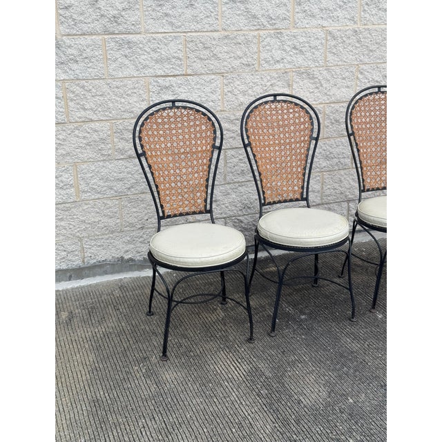 French Country 1970s Set of 4 Vintage French Bistro Style Wrought Iron & Cane Chairs For Sale - Image 3 of 10