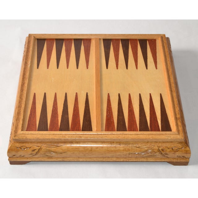 Mid-Century Modern Italian Vintage Carved Wood Backgammon Chess Set Toys Collectables Box Board Never Used For Sale - Image 3 of 17