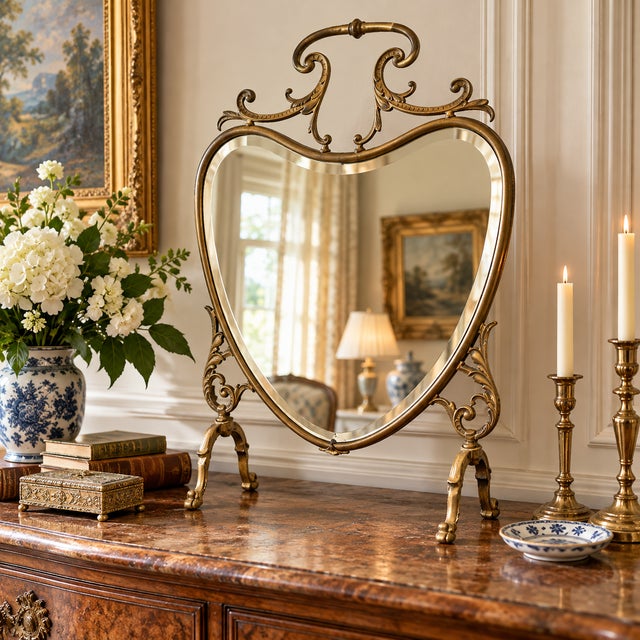 Antique late 19th-century French-style Rococo Revival fireplace screen featuring a shaped beveled mirror within an ornate...
