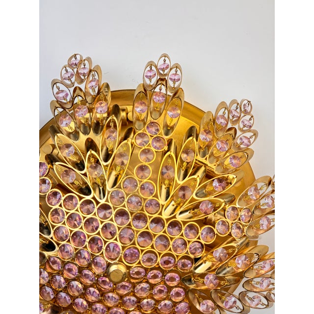 Vintage Brass Sunburst Ceiling Light, Hand-Painted Pink Crystal Beaded Mandala Chandelier, 10-Light Flush Mount For Sale - Image 4 of 18