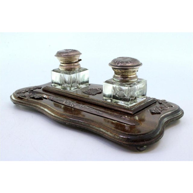 Wood Wood and Glass Inkwell with Pen and Silver Applications For Sale - Image 7 of 8