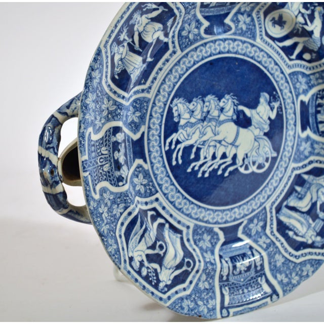 Ceramic Spode Blue and White Greek Pattern Hot Water Dishes, Zeus in His Chariot, a Pair For Sale - Image 7 of 8