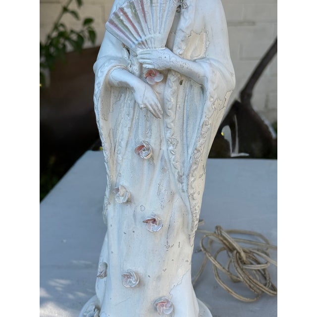 1940s 1940s Pair of Lamps White Porcelain Figurines With Custom Pinstriped Shades For Sale - Image 5 of 16