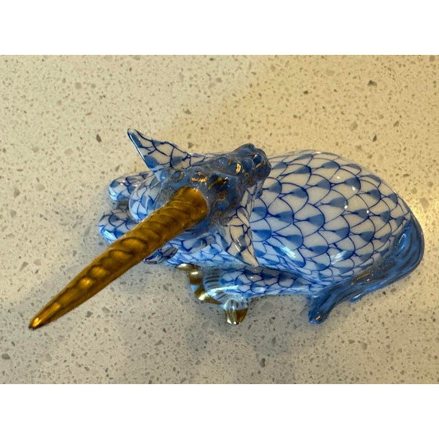 Metal Classic Sapphire Blue Fishnet Pattern Herend Hand Painted Reclining Unicorn W/ 22k Gold Accents For Sale - Image 7 of 10
