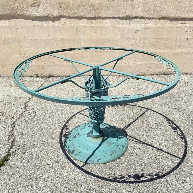 Woodard Furniture Co. Vintage Woodard Style Wrought Iron Patio Dining Chairs & Round Pedestal Base Table, 5 Pieces For Sale - Image 4 of 12