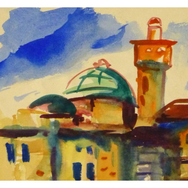 Festive and bright watercolor of town bordering a shimmering body of water by Thelma Chait (1918-2009), circa 1960. Signed...