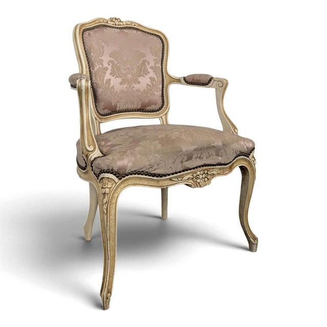 Louis XV Style Cream Lacquered Cabriolet Armchair and Damask Fabric For Sale - Image 6 of 6