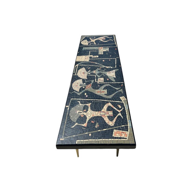 1950s Vintage Mid Century Modern Large Rare Aztec Mosaic Tile Art Coffee Table Wall Art Brass For Sale - Image 5 of 12