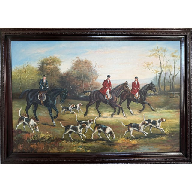 Large vintage oil painting on canvas depicting a traditional English fox hunting scene with riders on horseback...