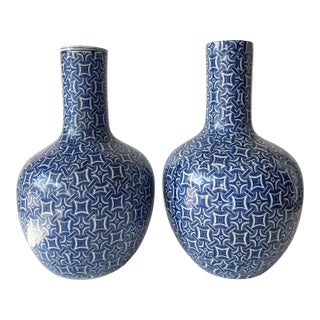Pair Blue & White Porcelain Long Neck Vases, Chinese For Sale