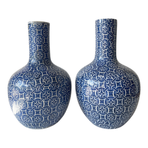 Pair Blue & White Porcelain Long Neck Vases, Chinese