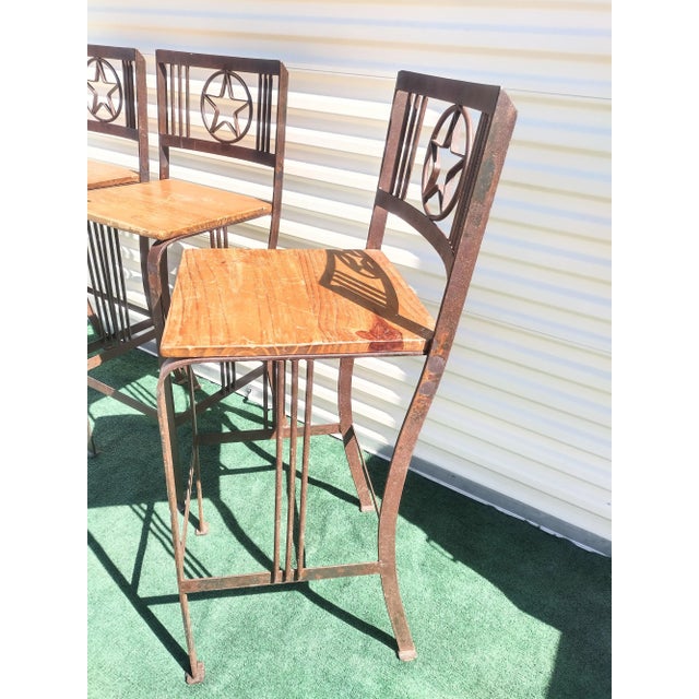 1980s Rustic Iron Wood Texas Star Back Bar Stools- Set of 4 For Sale - Image 5 of 11