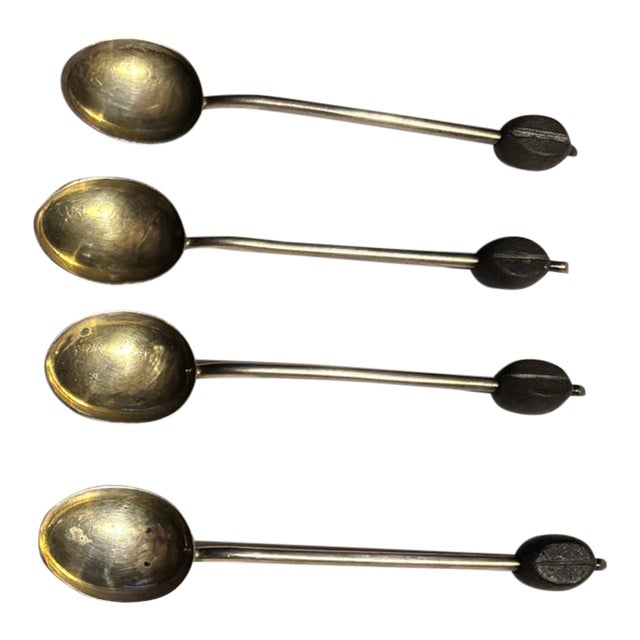 Vintage English Sterling Silver Coffee Bean Demitasse Spoons Set of 4 For Sale