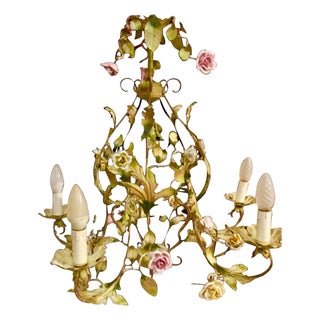 Floral Roses Flower Chandelier in Porcelain, 1950s For Sale