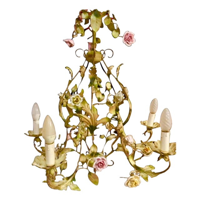 Floral Roses Flower Chandelier in Porcelain, 1950s For Sale