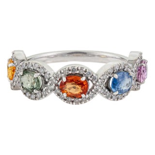 1.62 Ct Multi Sapphire & Diamond Colorful Rainbow Wedding Band Size 9 in 14k Gold For Sale