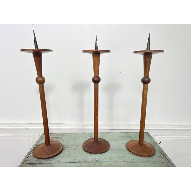 Wood Oak Candleholders, 1950s, Set of 3 For Sale - Image 7 of 9
