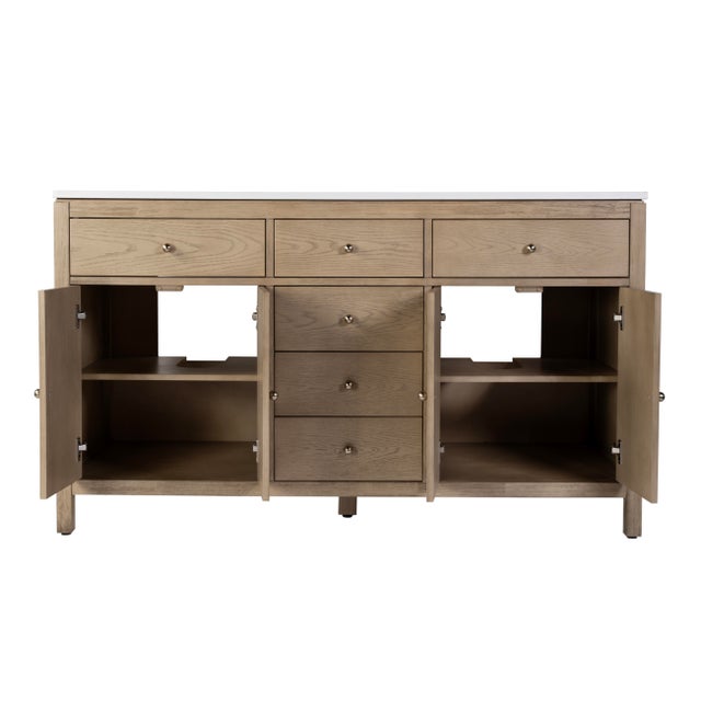 Wood Nora 60 in. W Quartz and Wood Double Sink 4 Drawer Bathroom Vanity Set, Light Oak For Sale - Image 7 of 11