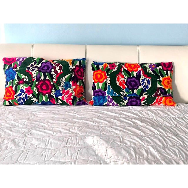 Vintage Multicolor Embroidered Otomi Tenango Hand-Stitched Pillows, a Pair For Sale - Image 10 of 13