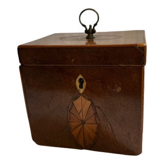 Antique Wooden Inlaid Tea Caddy / Lock Box Small Lid, Lined For Sale