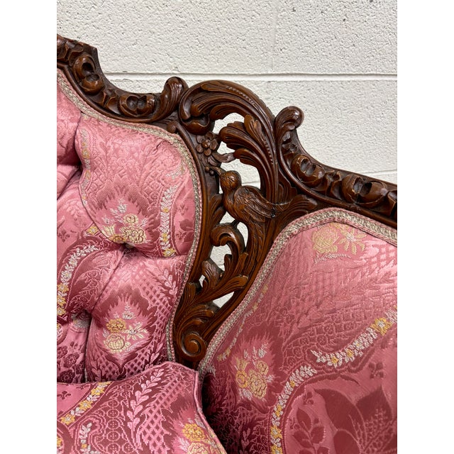 Wood Antique Victorian Rococo Revival French Louis XV Carved Walnut Loveseat Settee For Sale - Image 7 of 16