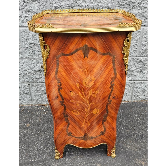 Louis XV Brass Mounted Parquetry and Satinwood Inlaid Galleried Top Side Table For Sale - Image 9 of 10