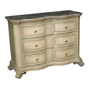 1990s Vintage Italian Hand Painted Wood Three Drawer Green Chest With Faux Marbleized Top