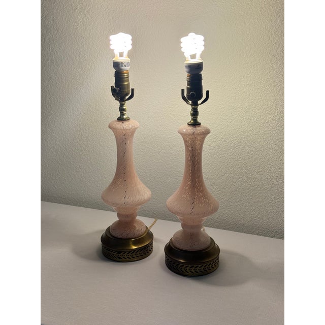 Pair of C. 1960s Mid Century Modern Pink Murano Glass Table Lamps For Sale - Image 4 of 5