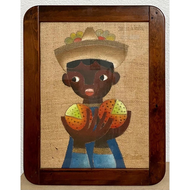 Folk Art Jose Maria de Servin, Folk Art Mexican Boy Oil Painting on Burlap Charming Naive African American Art For Sale - Image 3 of 7