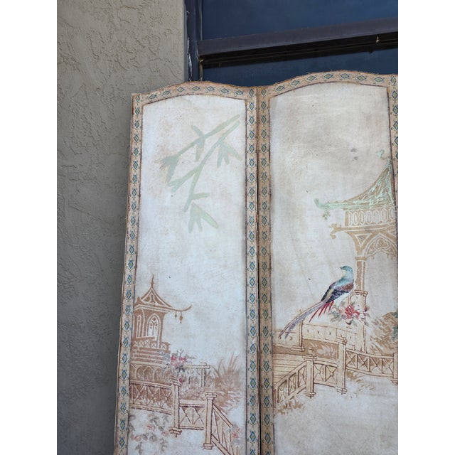 Vintage Four Panel French Chinoiserie Fabric Screen For Sale - Image 9 of 15