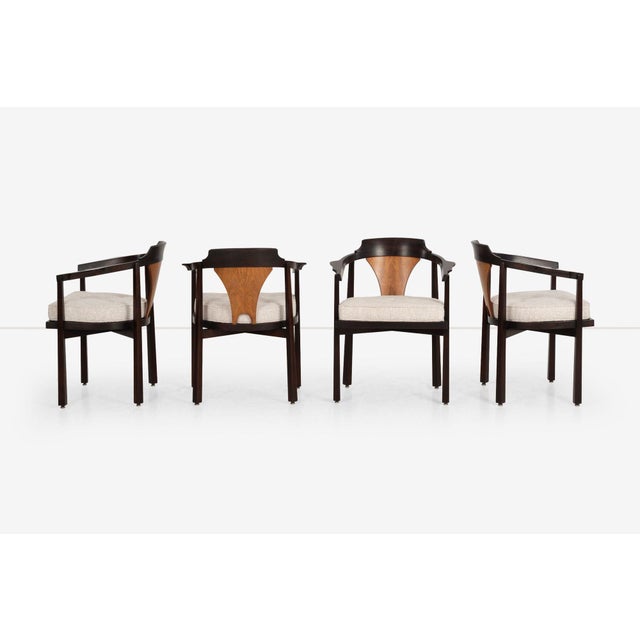 An elegant and highly sculptural set of six dining chairs designed by Edward Wormley for Dunbar Furniture, Model 935...