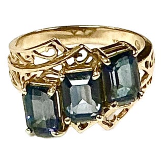 Three Stone Blue Topaz 10k Yellow Gold Ring For Sale