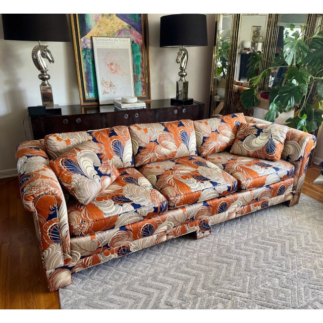Mid-Century Modern Late 20th Century Custom Three-Seat Sofa in Terracotta and Indigo Art Deco Revival Pattern For Sale - Image 3 of 12