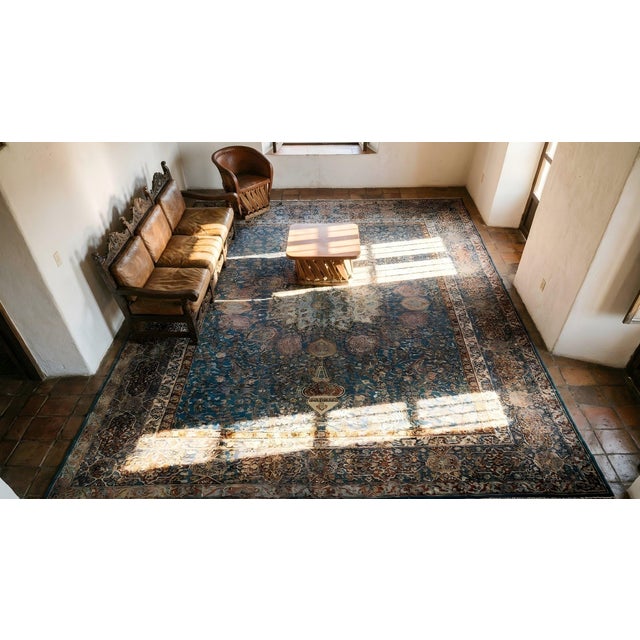 1890s Blue Navy Ardabil Antique N. Indian Agra Rug 10'8" - 14'10" Handknotted Wool Carpet For Sale - Image 13 of 13
