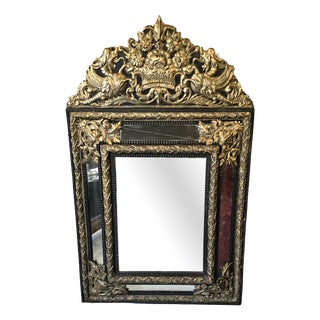 Louis XIV Style Mirror with Blackened Wood and Repoussé Gilt Metal Panels, 1870s For Sale