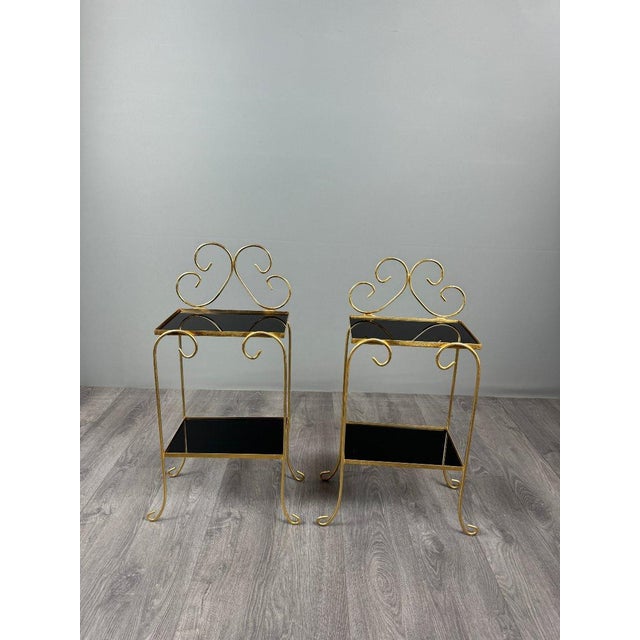Metal Vintage Side Tables in Gilt Metal with Glazed Ceramic Tops, 1960s, Set of 2 For Sale - Image 7 of 12